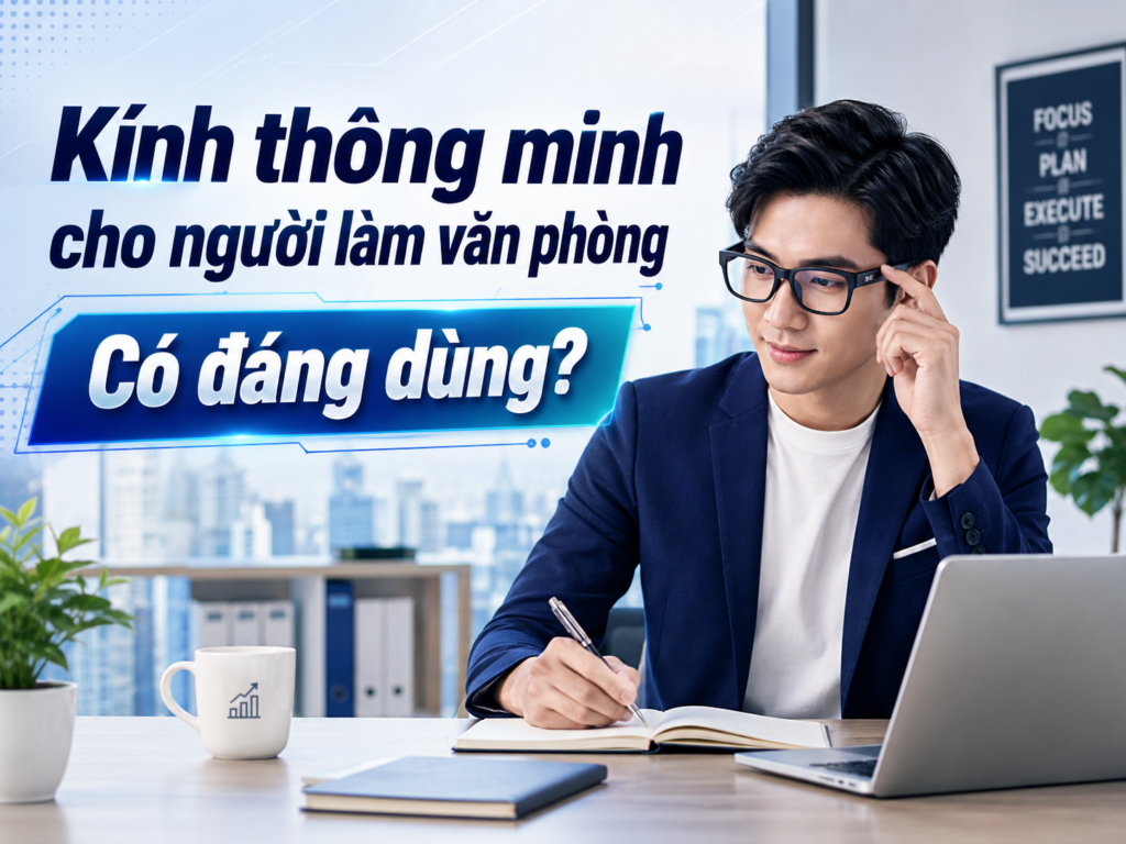 Doanh nhân làm việc tại văn phòng sử dụng thiết bị kính thông minh