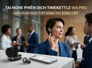 Một người dùng đang tự tin đeo tai nghe phiên dịch mở Timekettle W4 Pro để trao đổi công việc