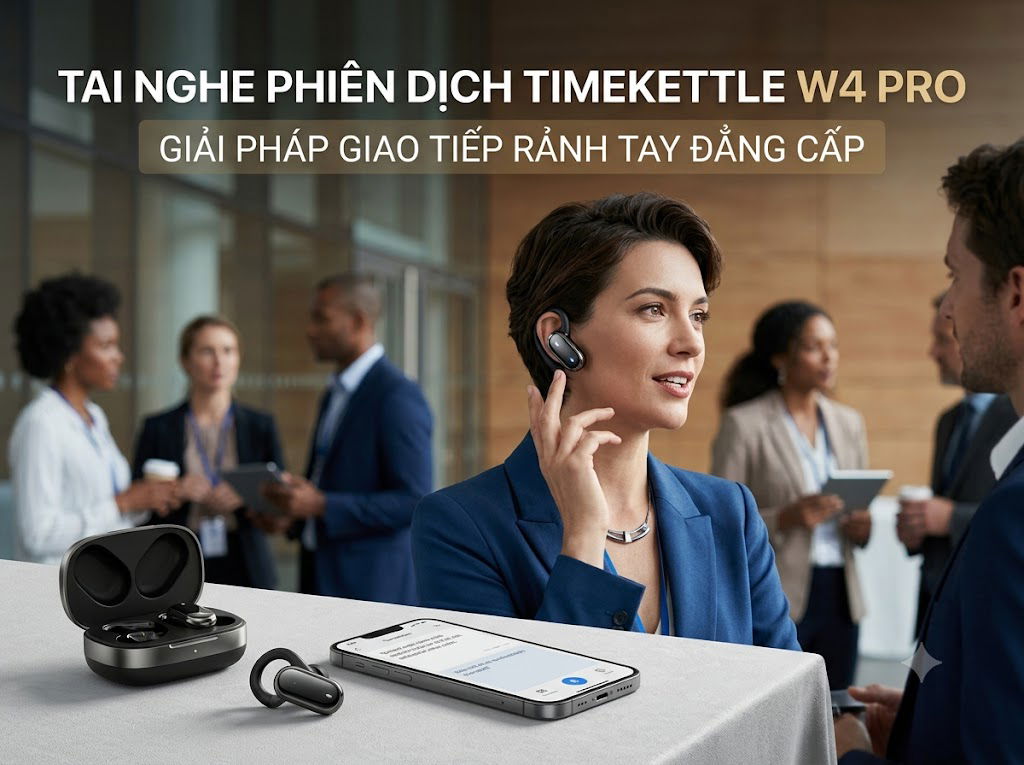 Một người dùng đang tự tin đeo tai nghe phiên dịch mở Timekettle W4 Pro để trao đổi công việc