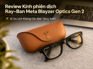 Kính thông minh Ray-Ban Meta Blayzer Optics đặt sang trọng cạnh hộp đựng bằng da cao cấp.